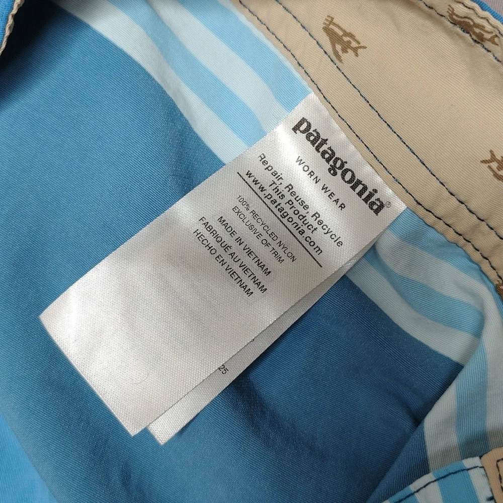 Patagonia Wave Tag Shorts Size 36 Blue Striped‎ Wavefarer Swim Trunks